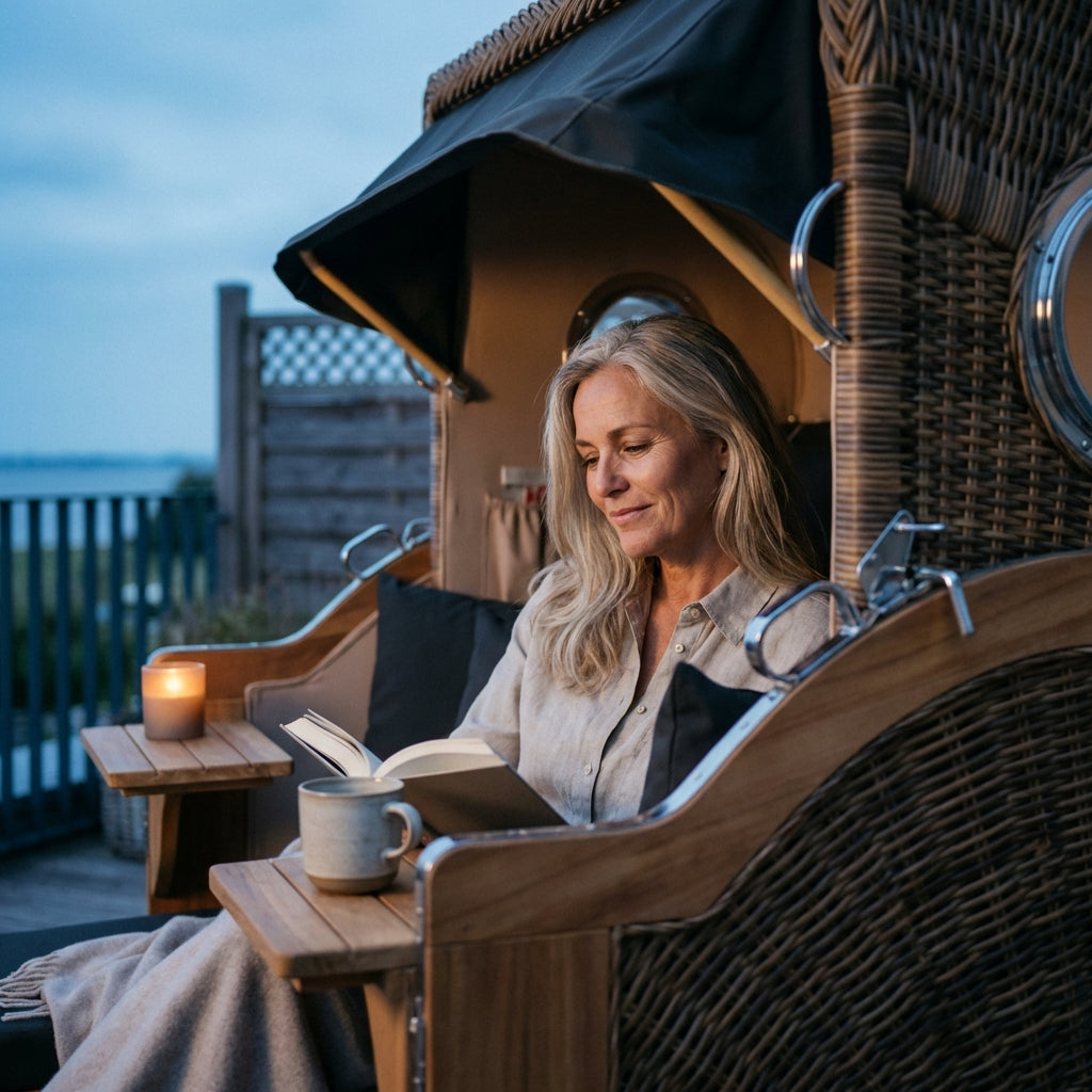 Strandkorb Düne Grande Bullauge Teak PE Banana Dessin 548 - Bild 4