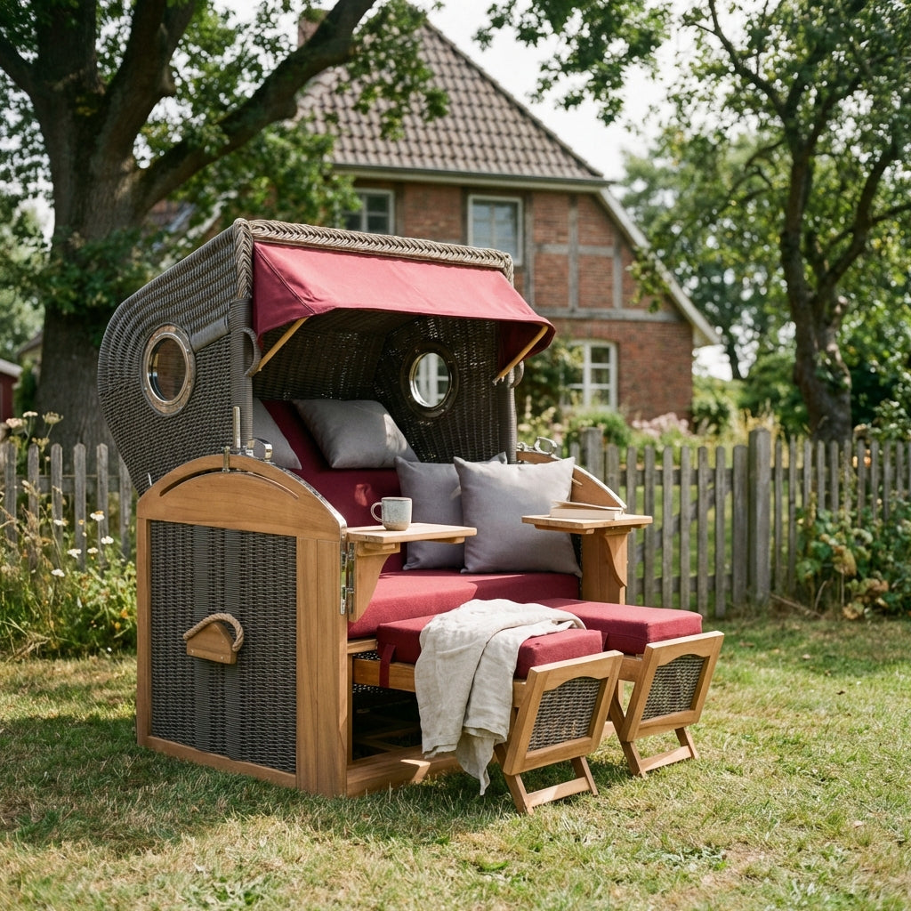 Strandkorb Schillig XL aus Teakholz und Polyrattan mit Bullauge