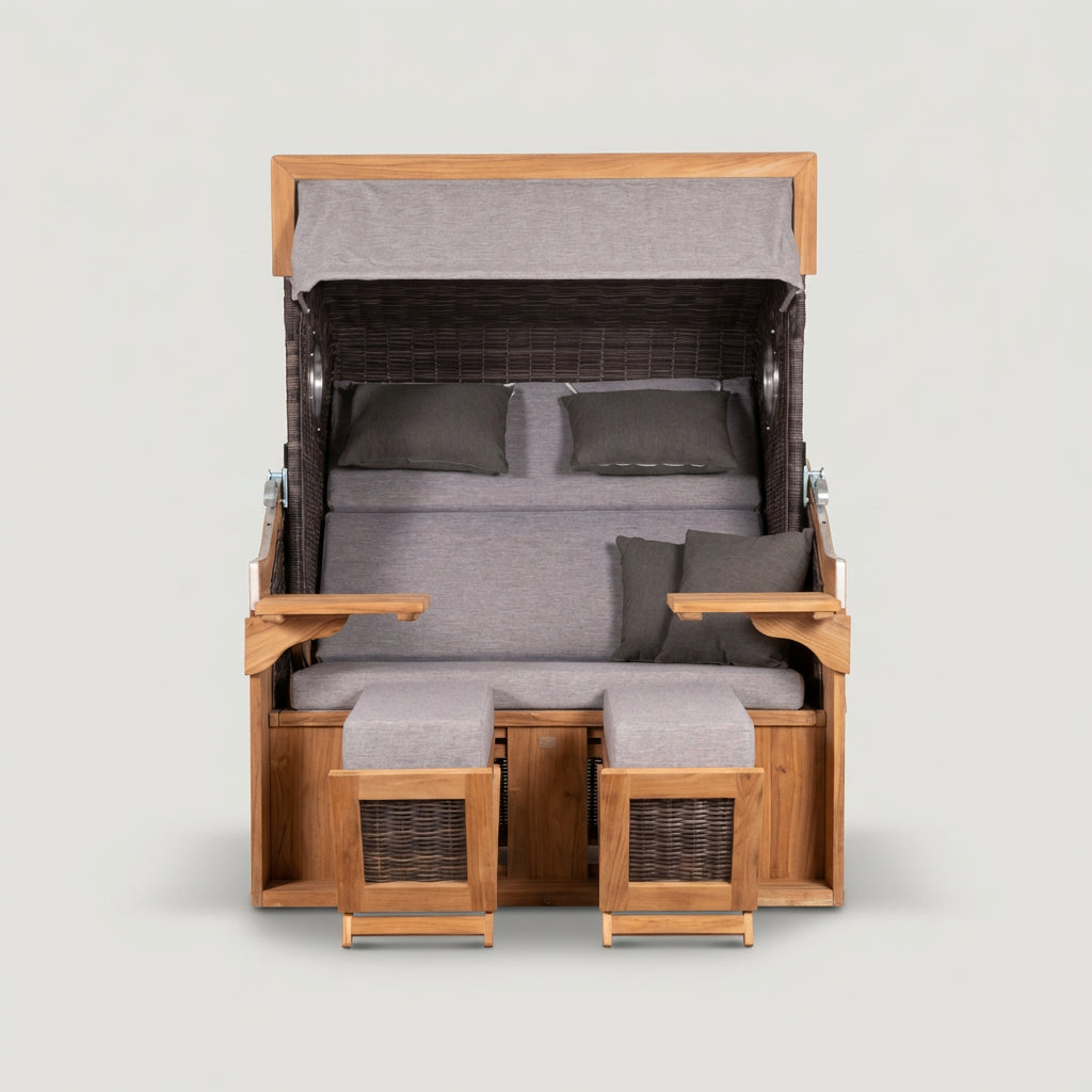 Strandkorb XXL Teakholz Polyrattan stone grey mit Cocktailtischen