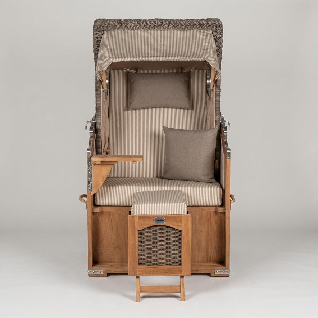 Strandkorb Düne Single aus Teak und Polyrattan in Grau mit Bullaugen