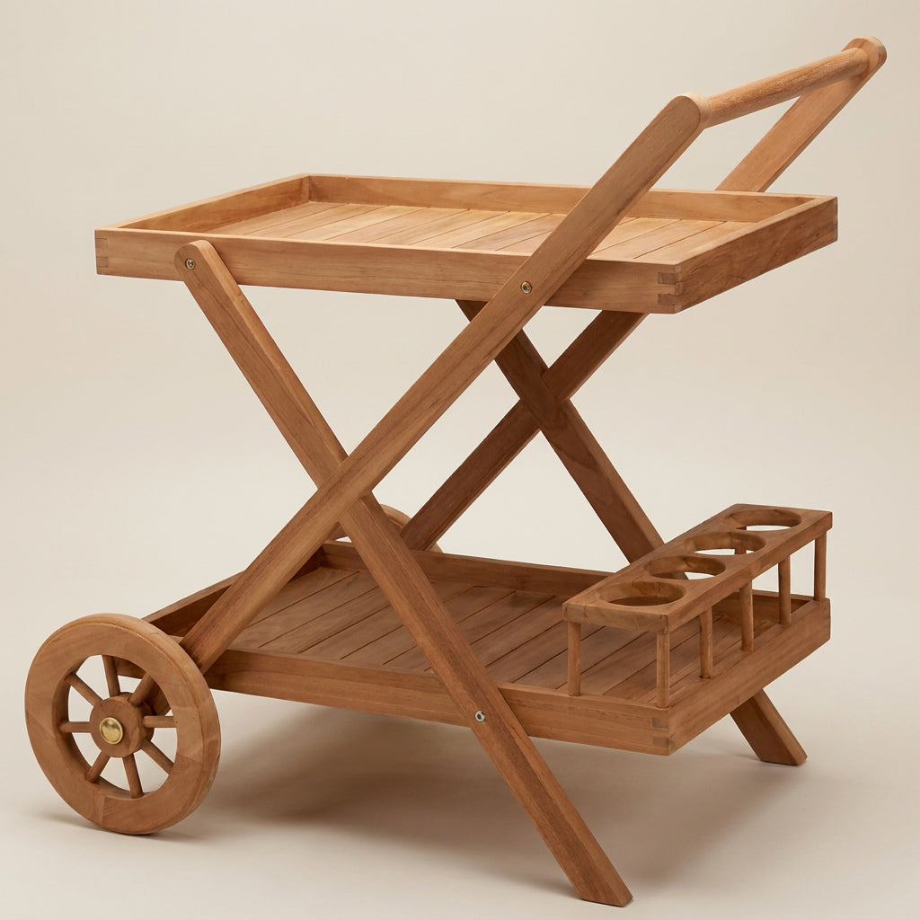Servierwagen Chester aus massivem Teakholz mit Flaschenhaltern