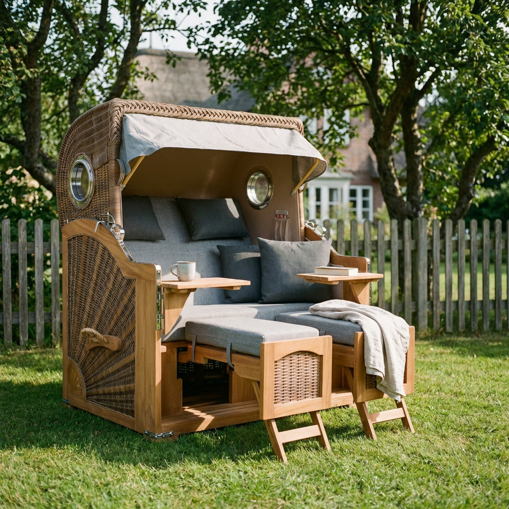 Strandkorb Düne Grande Bullauge Teak PE Banana Dessin 570 - Bild 5