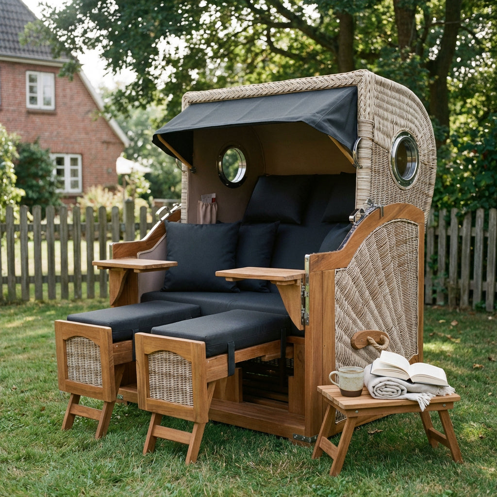 Strandkorb Düne Grande Bullauge Teak PE Shell Dessin 548 - Bild 3