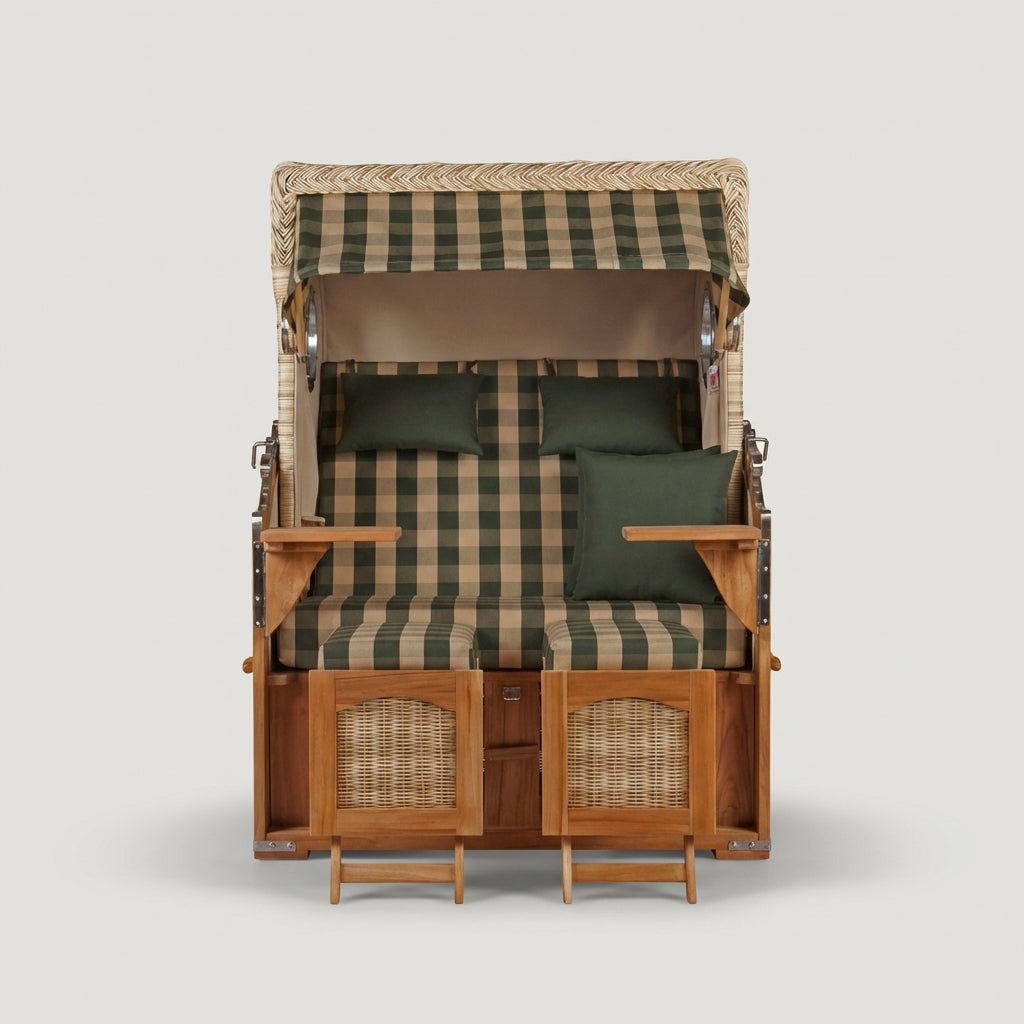 Strandkorb Düne 2-Sitzer aus massivem Teakholz mit Bullauge