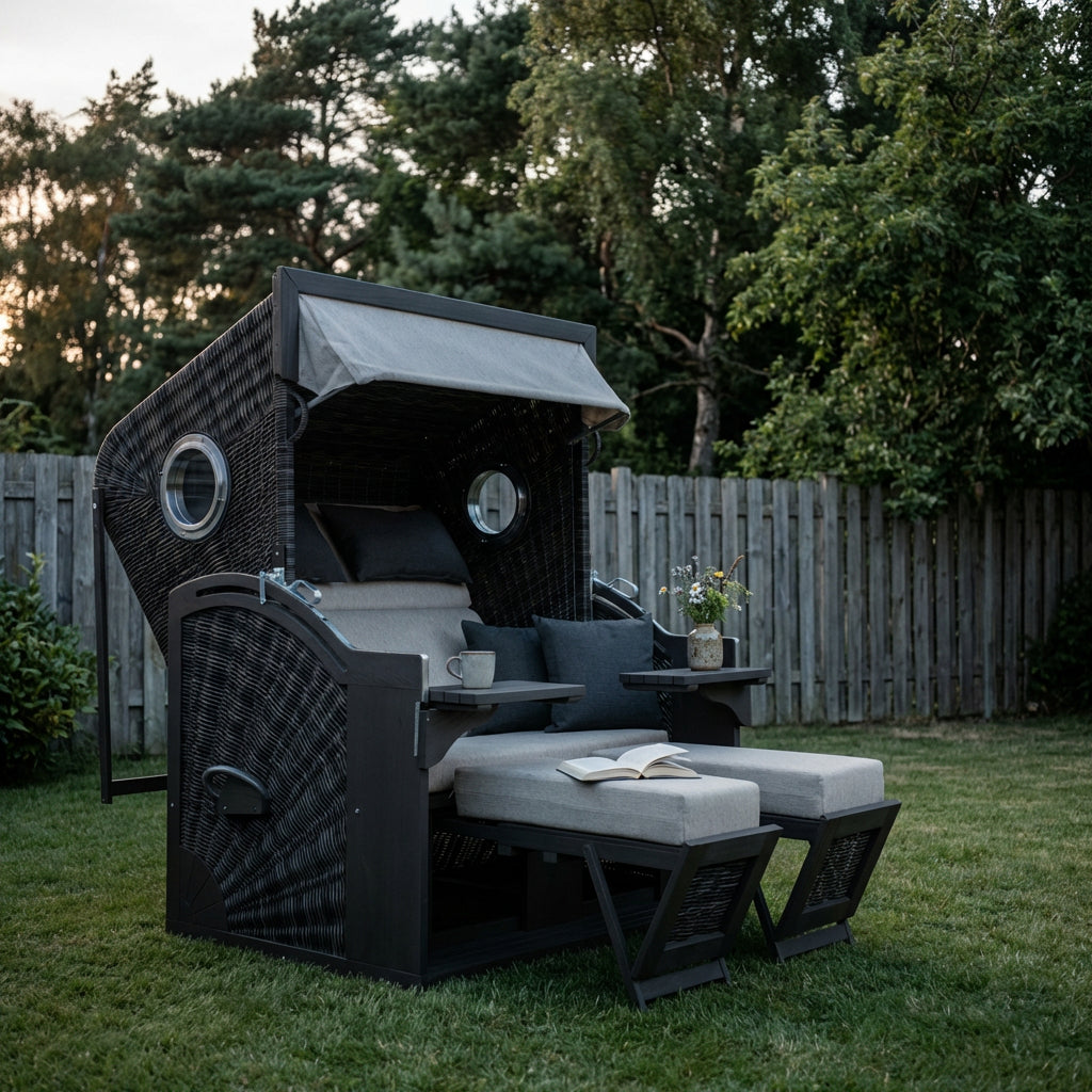 Strandkorb XL Polyrattan stone grey mit Pinienholz und Cocktailtischen