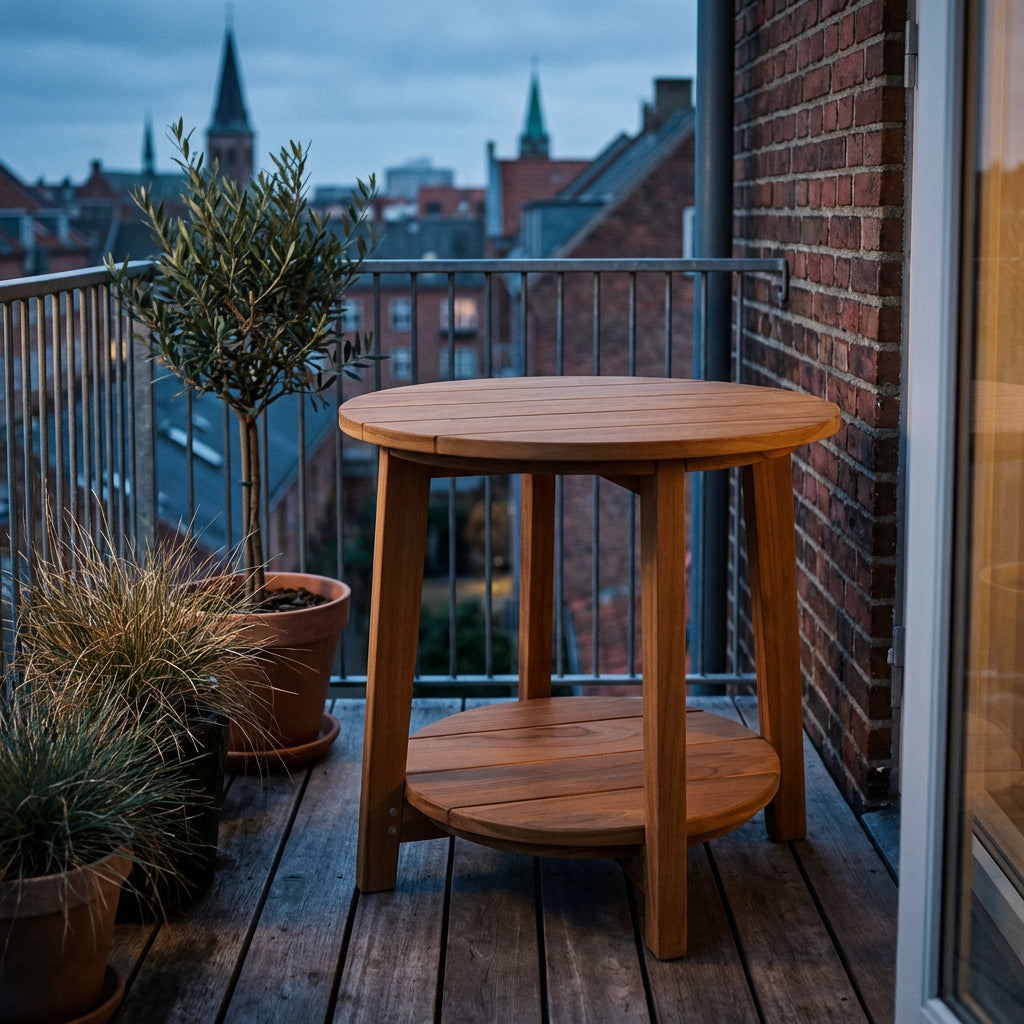 Beistelltisch Milton rund 50 cm aus massivem Teakholz mit Ablage