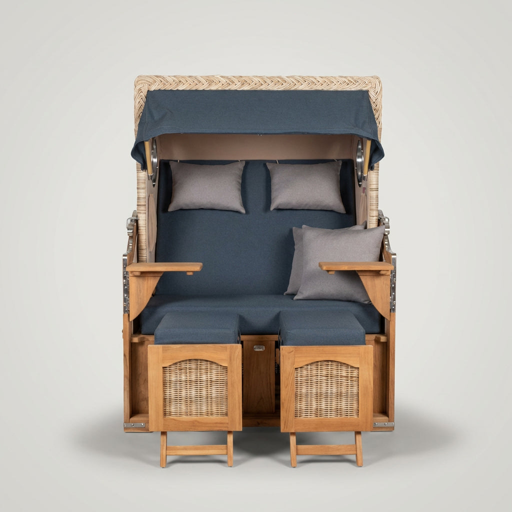 Strandkorb Düne 2-Sitzer aus Teak und Polyrattan in tiefem Blau