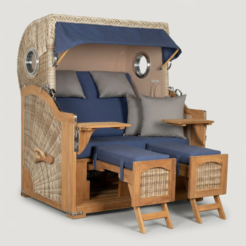 Strandkorb Düne Grande 2-Sitzer aus Teak mit Bullauge in Blau
