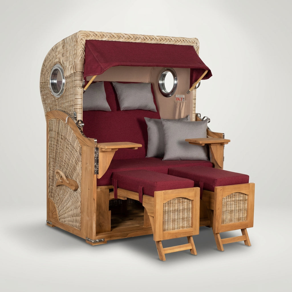 Strandkorb Düne 2-Sitzer aus Teak und Polyrattan mit Bullaugen