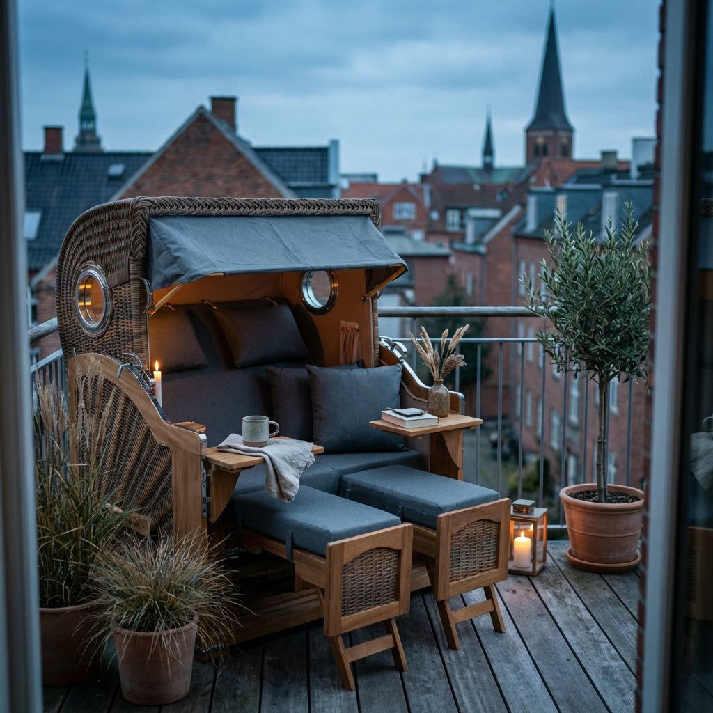 Strandkorb Düne Grande Bullauge Teak PE Banana Dessin 551 - Bild 5