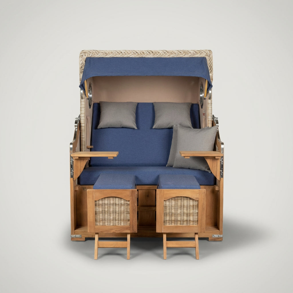 Strandkorb Düne Grande 2-Sitzer aus Teak mit Bullauge in Blau