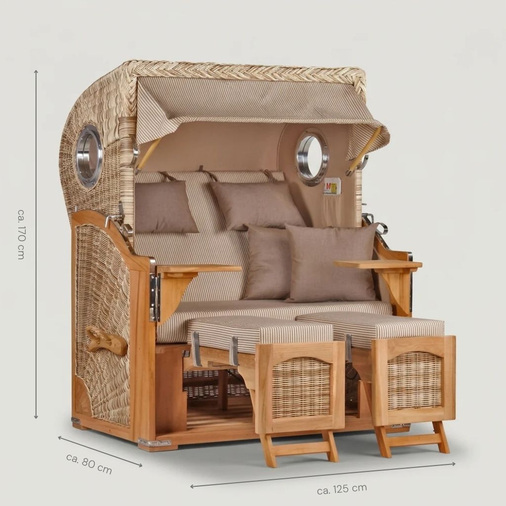 Strandkorb Düne 2-Sitzer aus massivem Teakholz mit Bullauge in warmem Beige