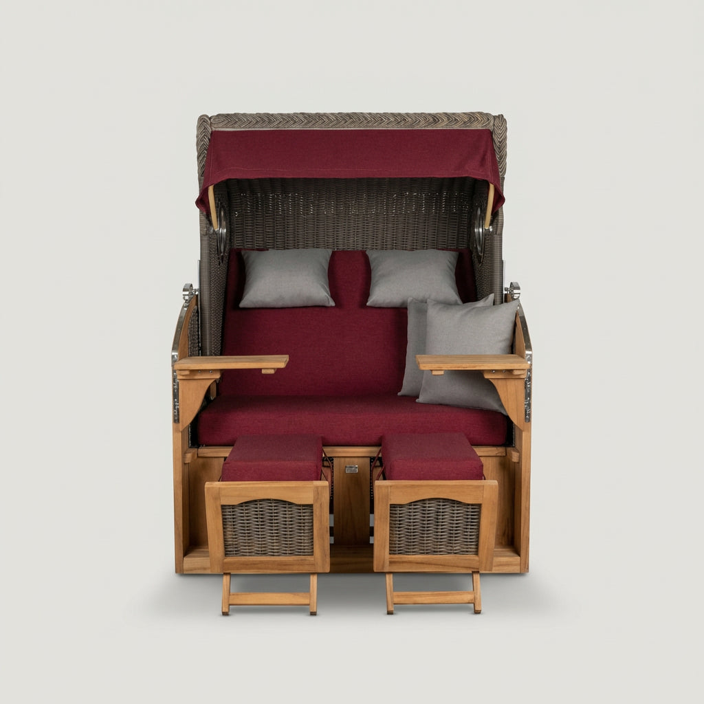Strandkorb Schillig XL aus Teakholz und Polyrattan mit Bullauge