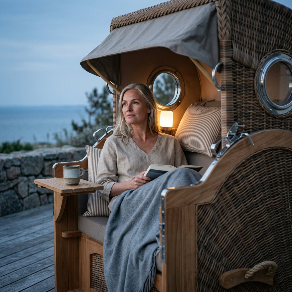 Strandkorb Düne Grande 2-Sitzer aus massivem Teakholz mit Bullauge