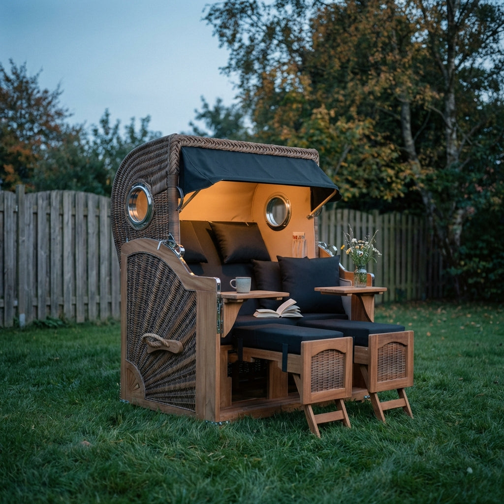 Strandkorb Düne Grande 2-Sitzer aus Teak mit Bullauge in PE Banana