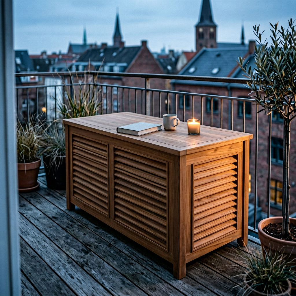 Auflagenbox Grande II aus massivem Teakholz mit Lamellenfront
