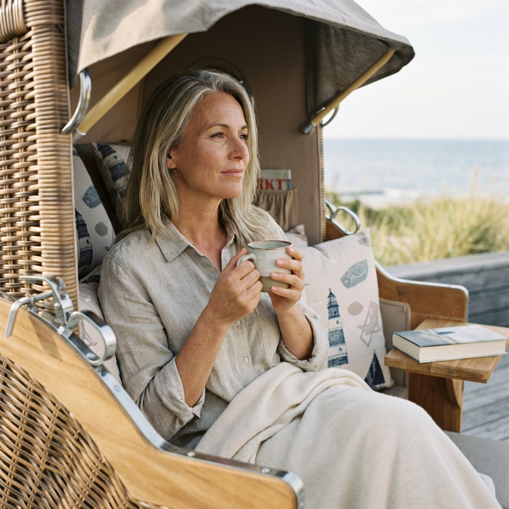 Strandkorb Düne Grande Bullauge Teak PE Banana Dessin 540 - Bild 3