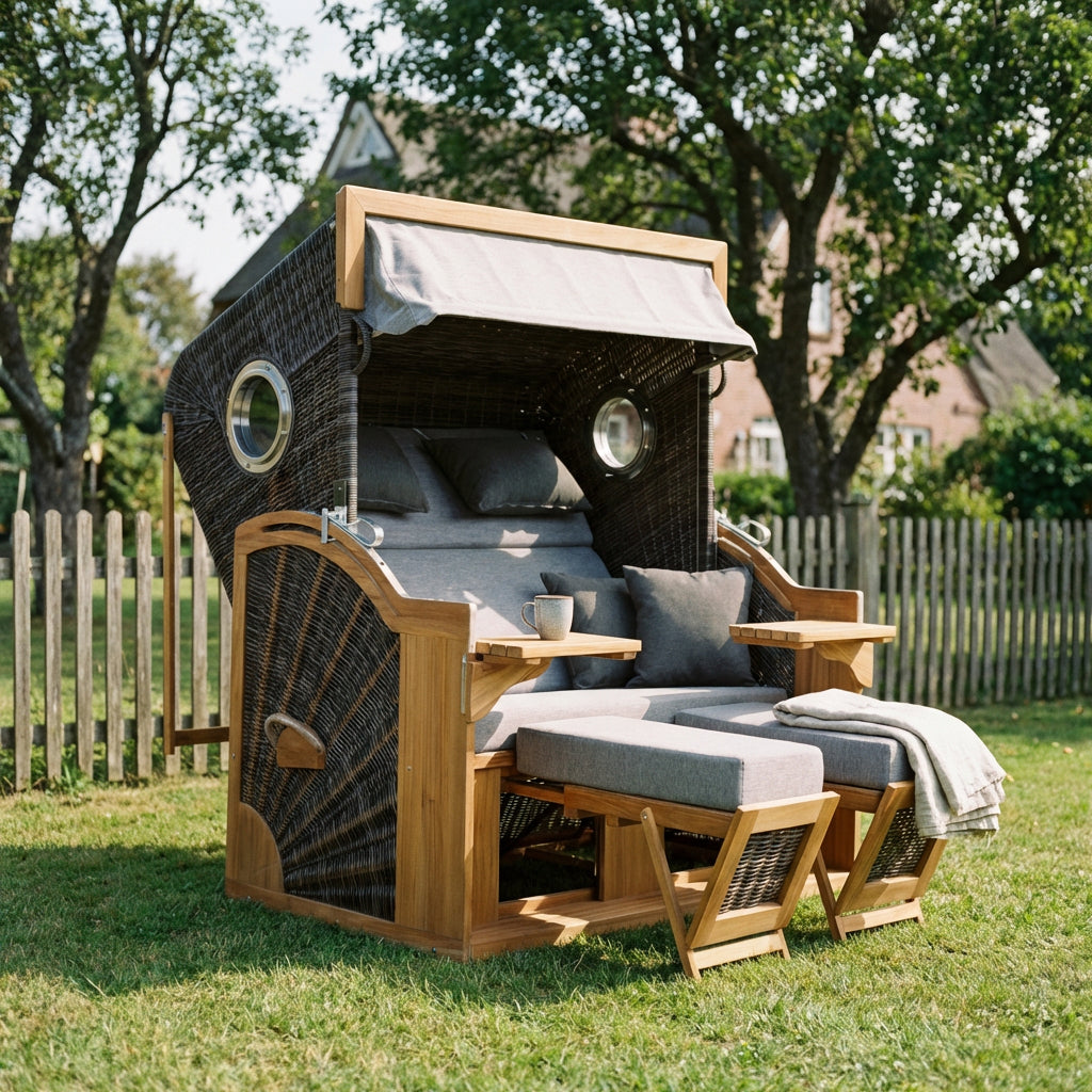 Strandkorb XXL Teakholz Polyrattan stone grey mit Cocktailtischen