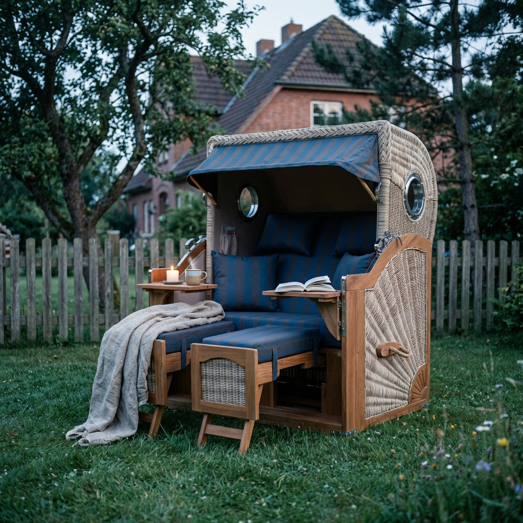 Strandkorb Düne Grande 2,5-Sitzer aus massivem Teakholz mit Bullaugen in Marineblau