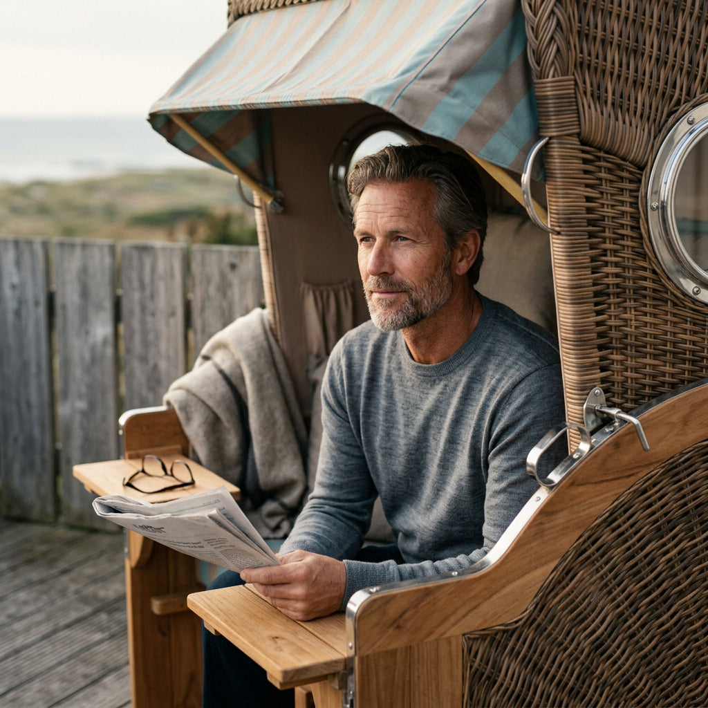 Strandkorb Düne Grande 2-Sitzer aus Teakholz mit Bullauge in Türkis-Beige
