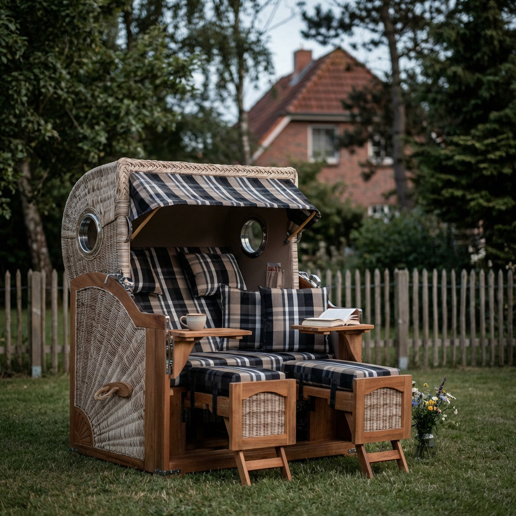 Strandkorb Düne Grande 2,5-Sitzer in Teakholz mit PE-Geflecht Shell