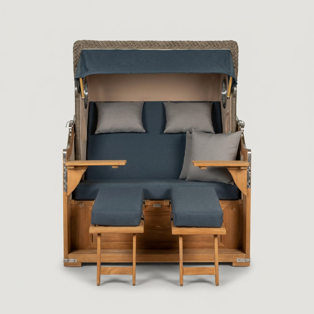 Strandkorb Baltikum 2-Sitzer aus massivem Teakholz mit Bullauge in Marineblau