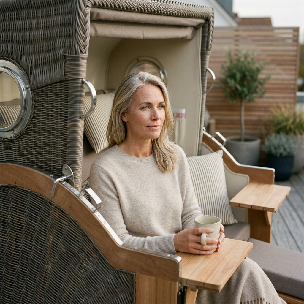 Strandkorb Baltikum 2-Sitzer aus Teakholz in warmem Grau mit Bullauge