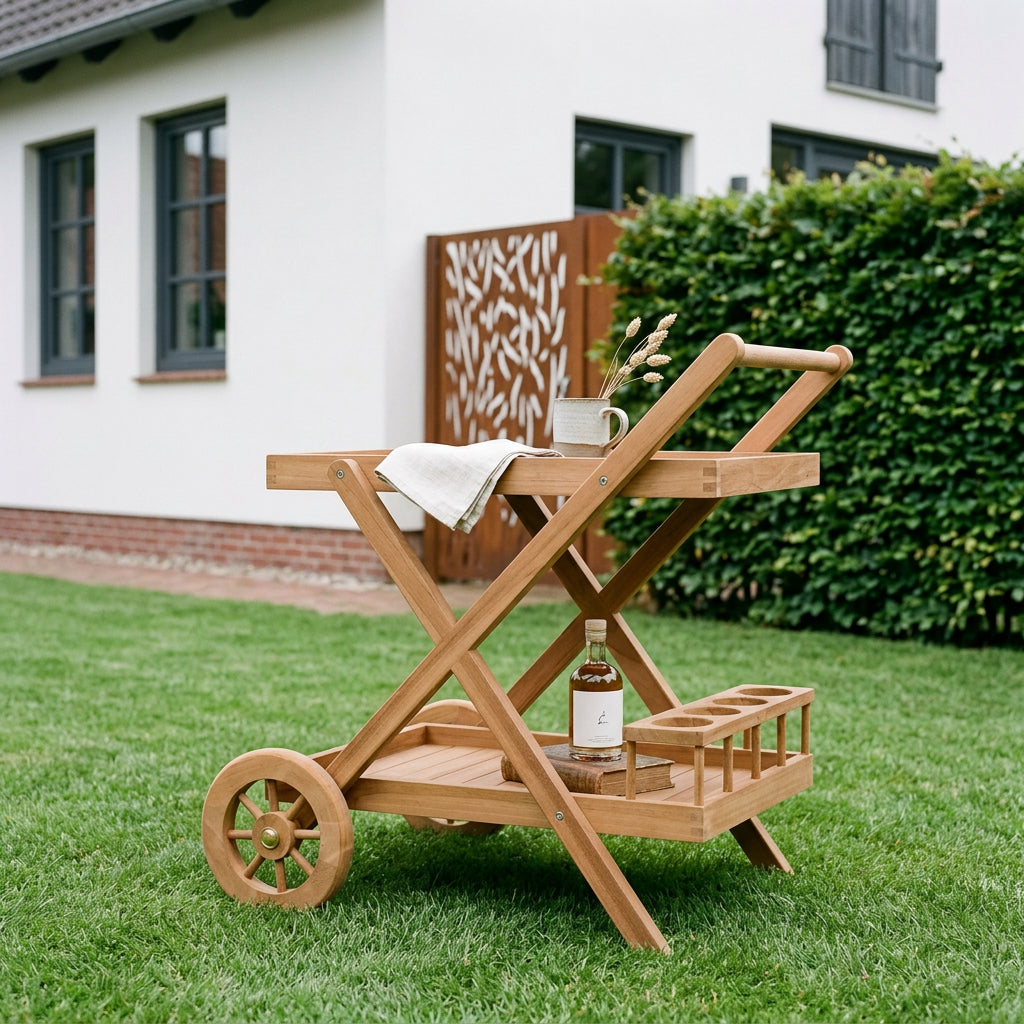 Servierwagen Chester aus massivem Teakholz mit Flaschenhaltern