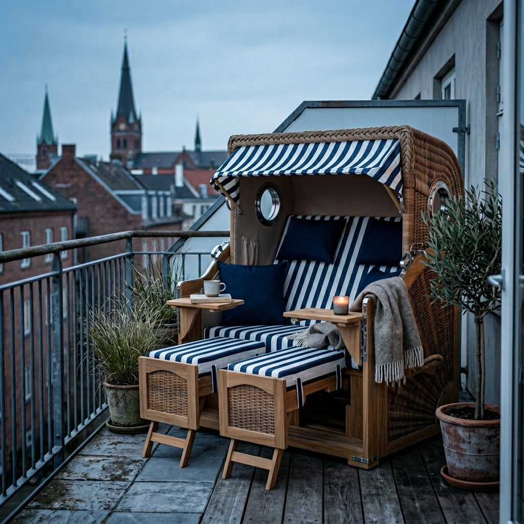 Strandkorb Düne Grande 2-Sitzer aus Teak mit Bullauge in Blau-Weiß