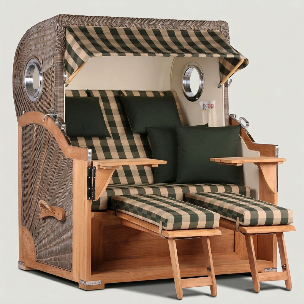 Strandkorb Baltikum 2-Sitzer mit Bullauge in PE Grey mit grün-beige Polsterung