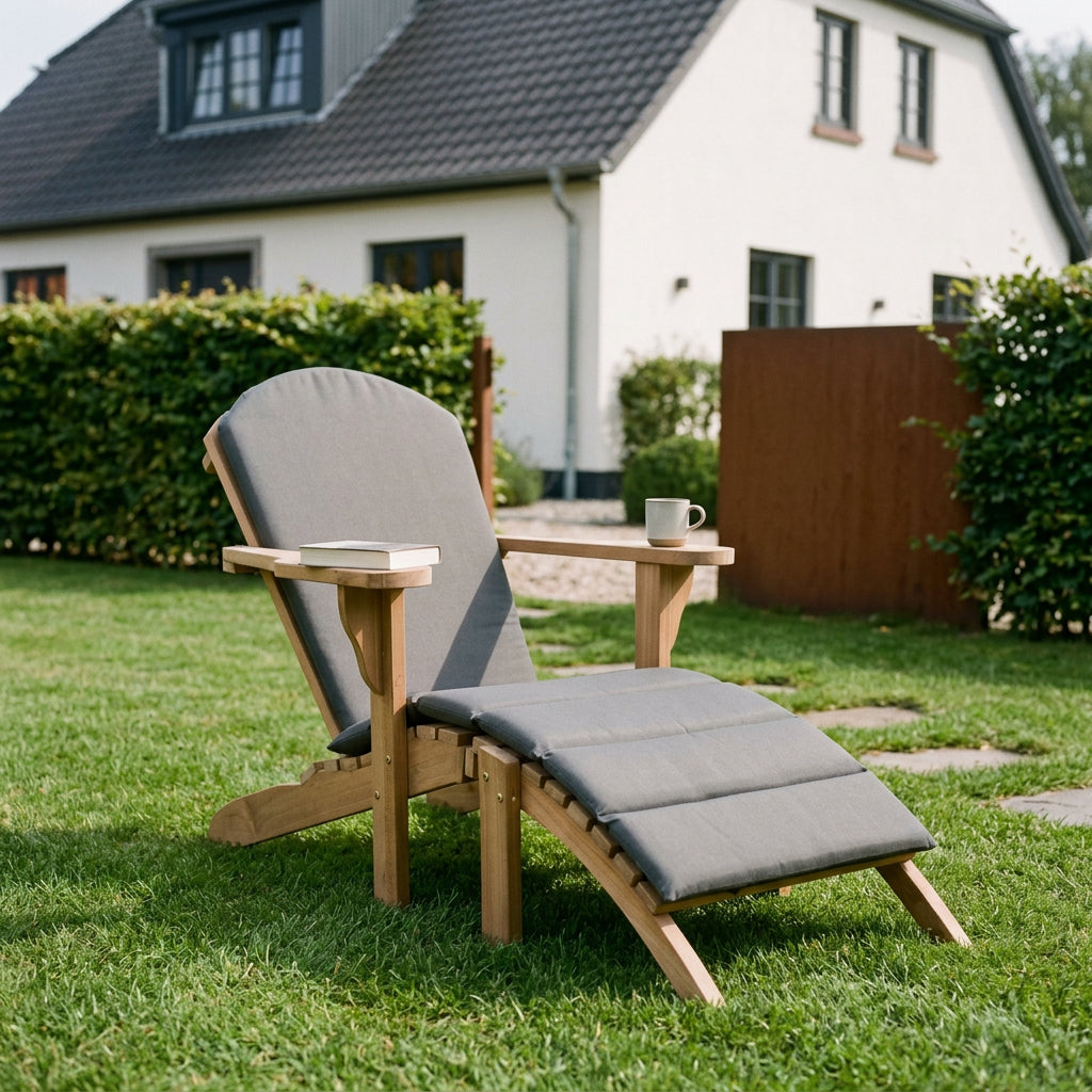 Gartenlounger Woodie aus massivem Teakholz mit Kissenauflage in Anthrazit