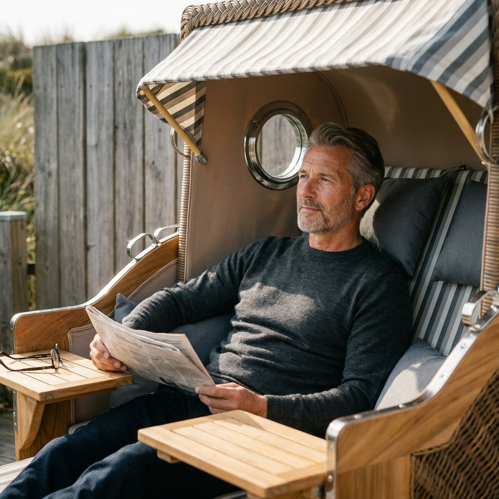 Strandkorb Düne Grande Bullauge Teak PE Banana Dessin 545 - Bild 6