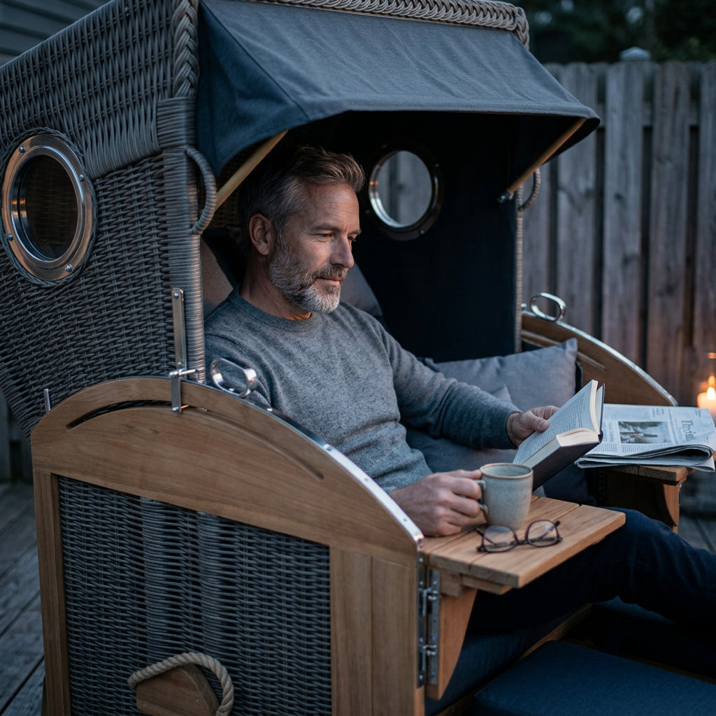 Strandkorb Schillig XL aus Teakholz und Polyrattan mit Bullaugen in Marineblau