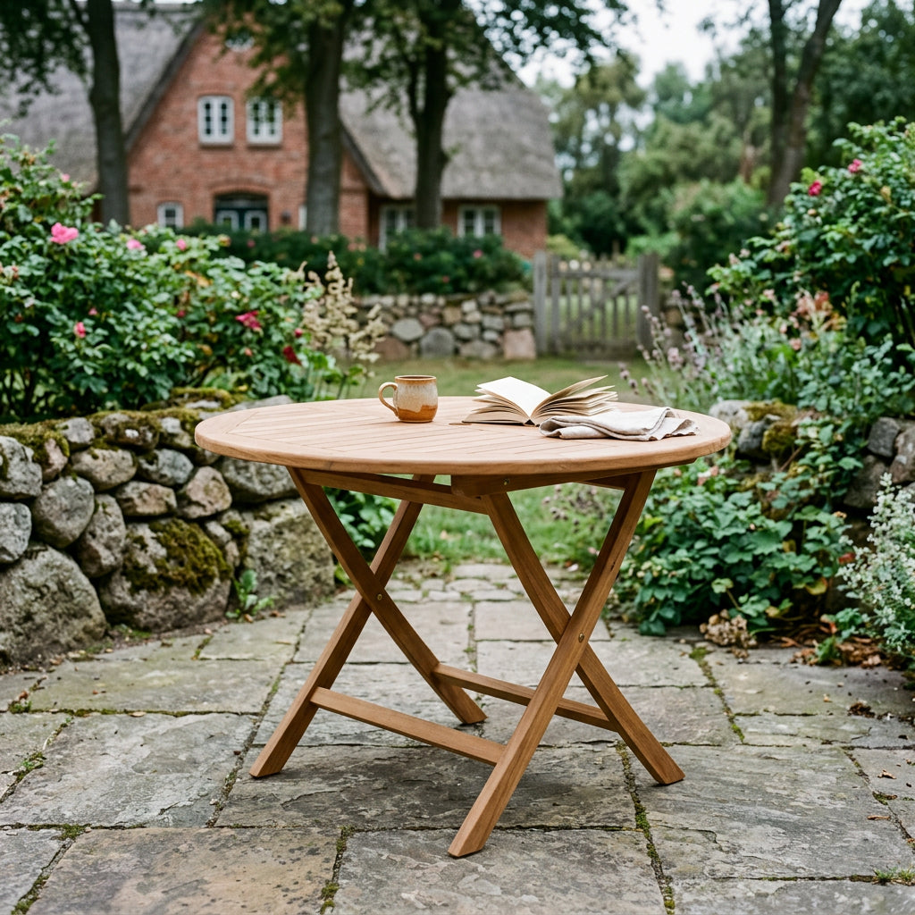 Gartentisch Woodie ø 120 cm aus massivem Teakholz mit Klappgestell