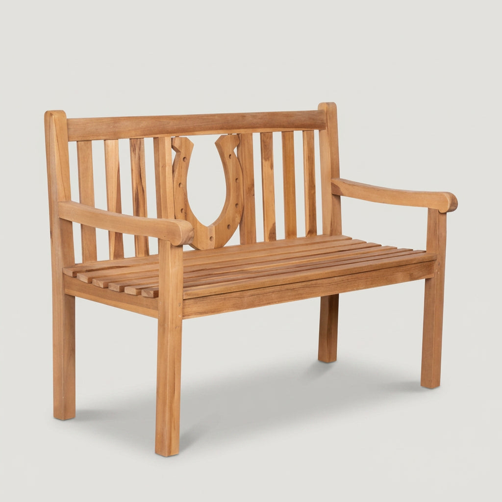 Gartenbank Hufeisen 120 cm aus massivem Teakholz mit ovalem Dekorelement