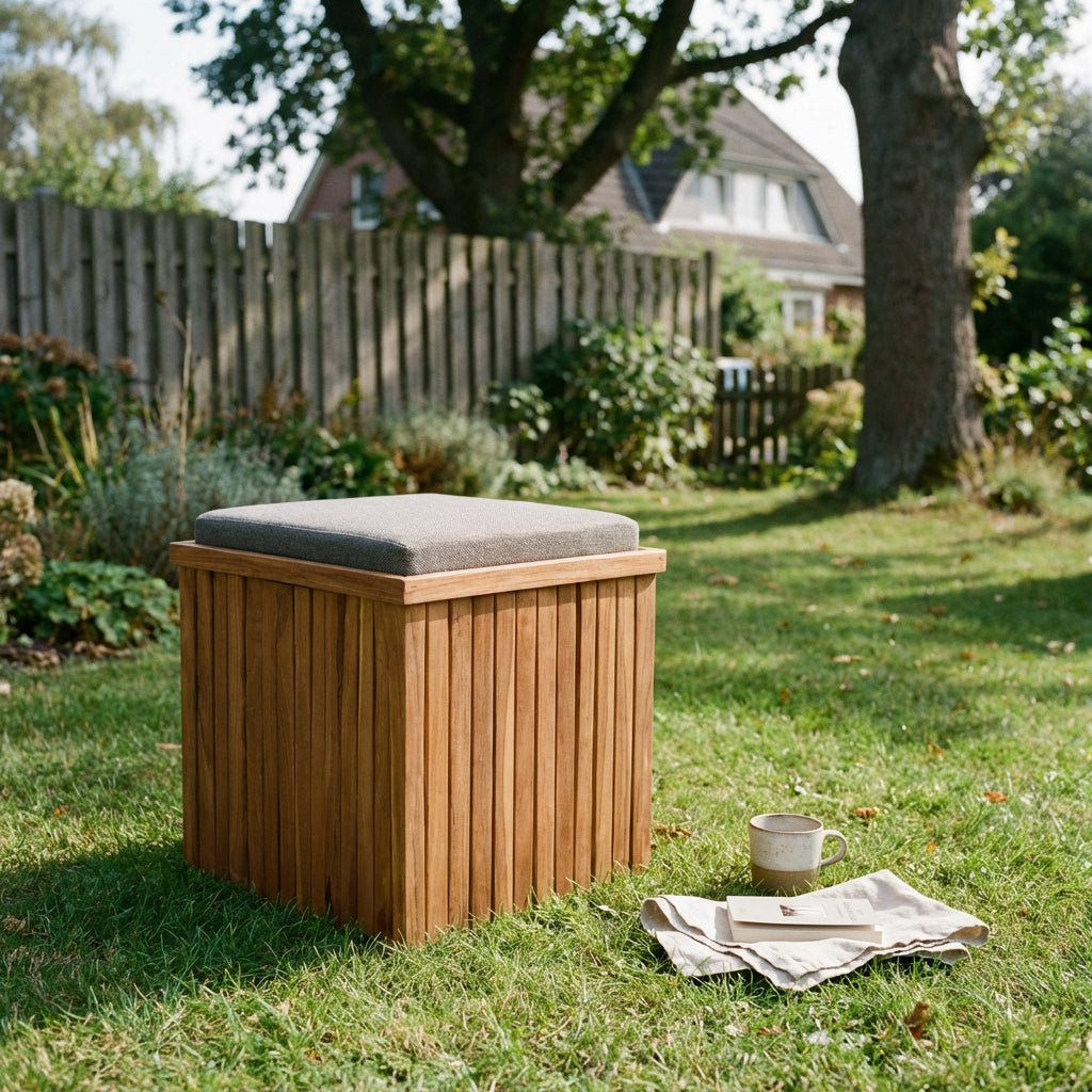 Sitzhocker Oxford aus massivem Teakholz mit Sitzkissen in Grau