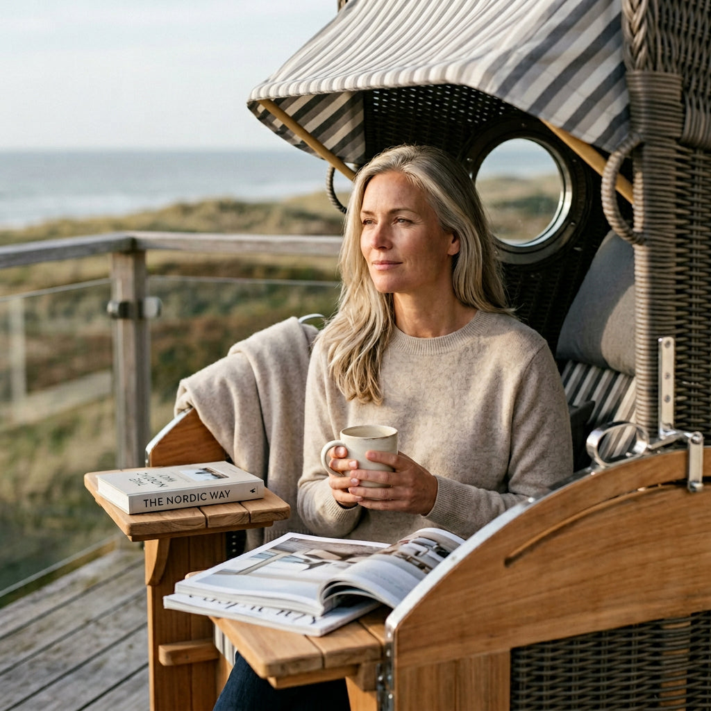 Strandkorb Schillig XL aus Teakholz mit Bullauge in elegantem Grau