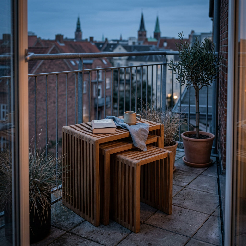 Beistelltische 3er Set aus massivem Teakholz mit Lamellendesign