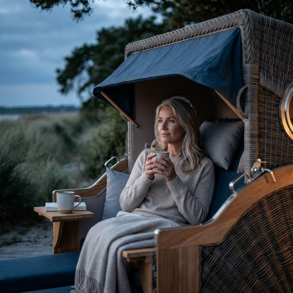 Strandkorb Düne Grande 2-Sitzer aus Teakholz mit Bullaugen in PE Grey