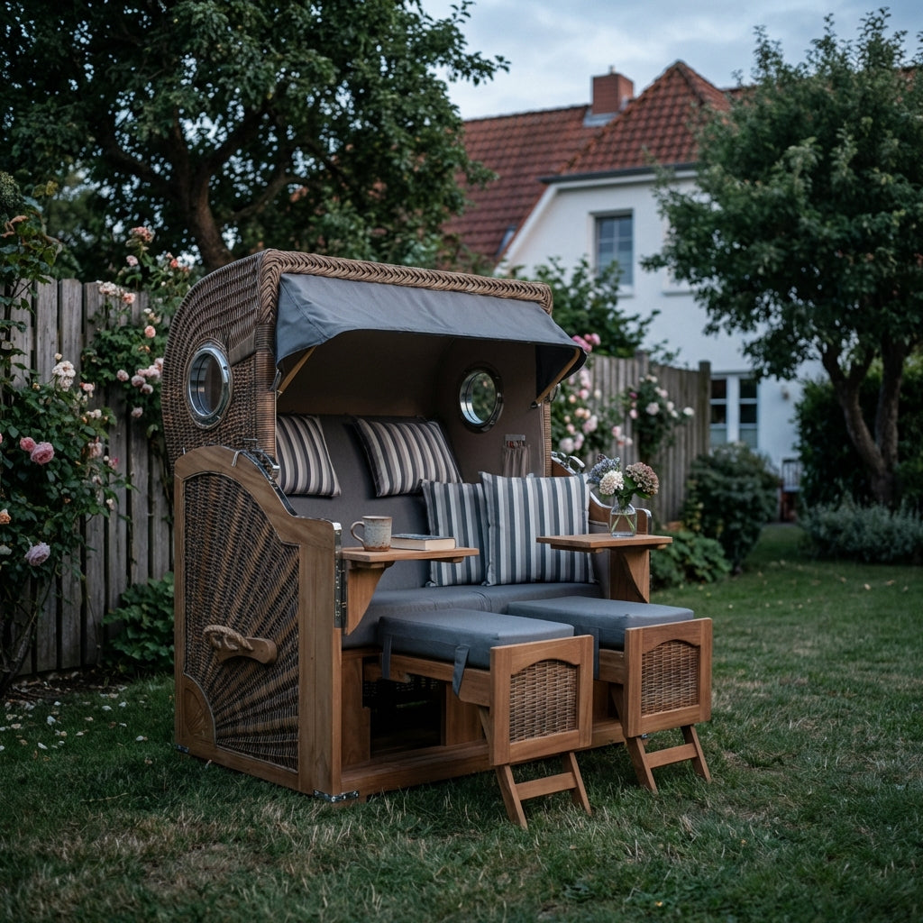 Strandkorb Düne Grande 2-Sitzer aus massivem Teakholz mit Bullauge