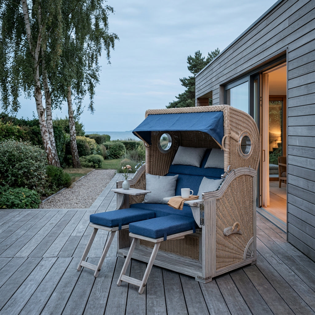 Strandkorb Dünenblick XL in Weiß-Kubu Blau
