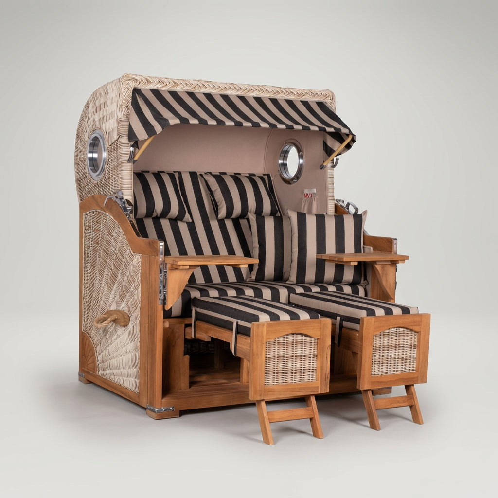 Strandkorb Düne Grande 2-Sitzer aus Teak mit Bullauge in Shell-Dessin