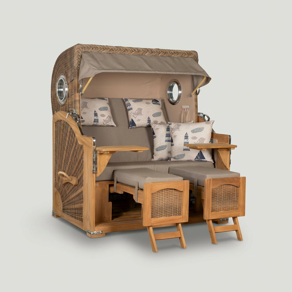 Strandkorb Düne Grande Bullauge Teak PE Banana Dessin 540 - Bild 1