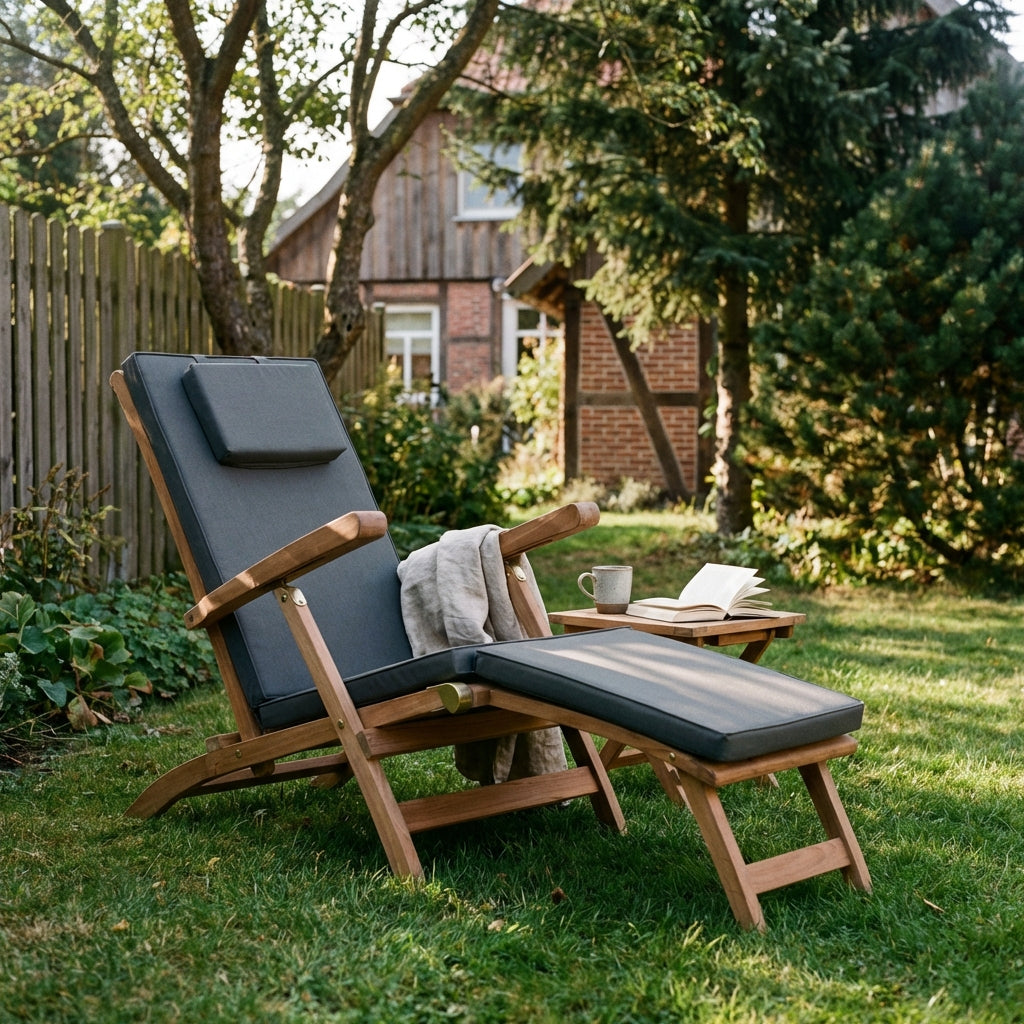 Woodie Deckchair Teakholz mit Kissenauflage grau