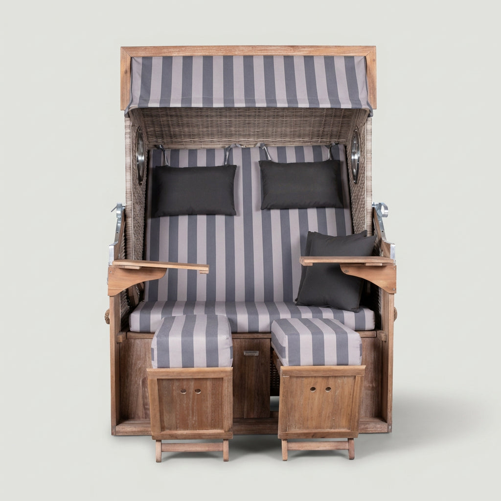 Strandkorb Pure Greenline aus Polyrattan in Grau-Weiß mit Akazienholz