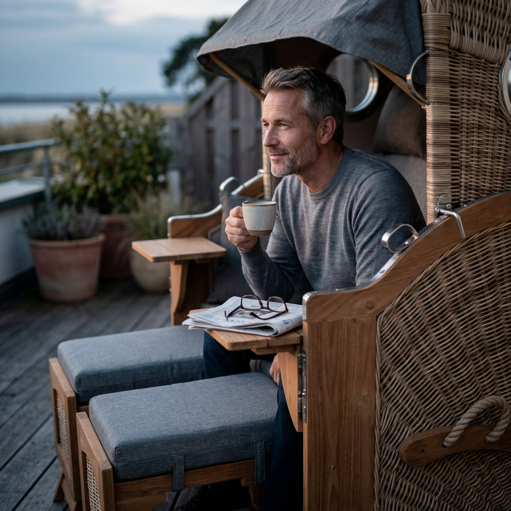 Strandkorb Düne Bullauge Teak PE Shell Dessin 570 - Bild 6