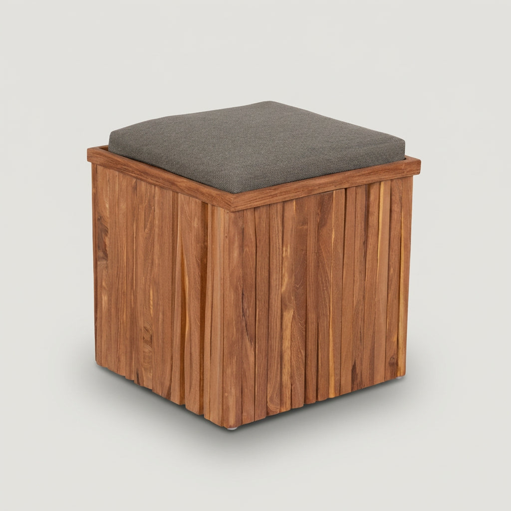 Sitzhocker Oxford aus massivem Teakholz mit Sitzkissen in Grau