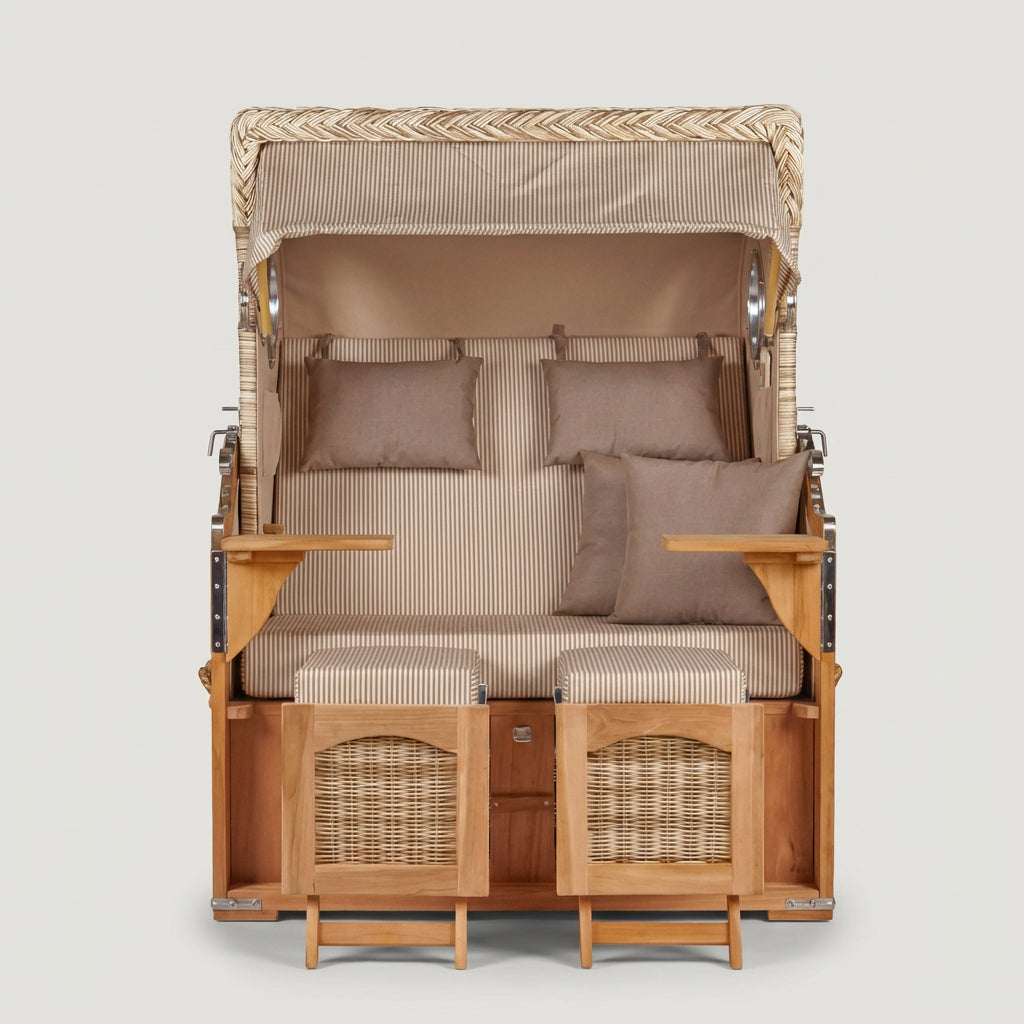 Strandkorb Düne 2-Sitzer aus massivem Teakholz mit Bullauge in warmem Beige