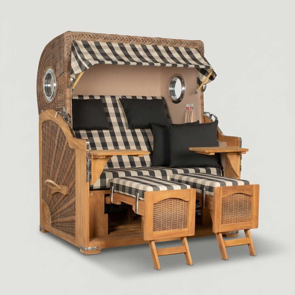 Strandkorb Düne Grande Bullauge Teak PE Banana Dessin 505 - Bild 1