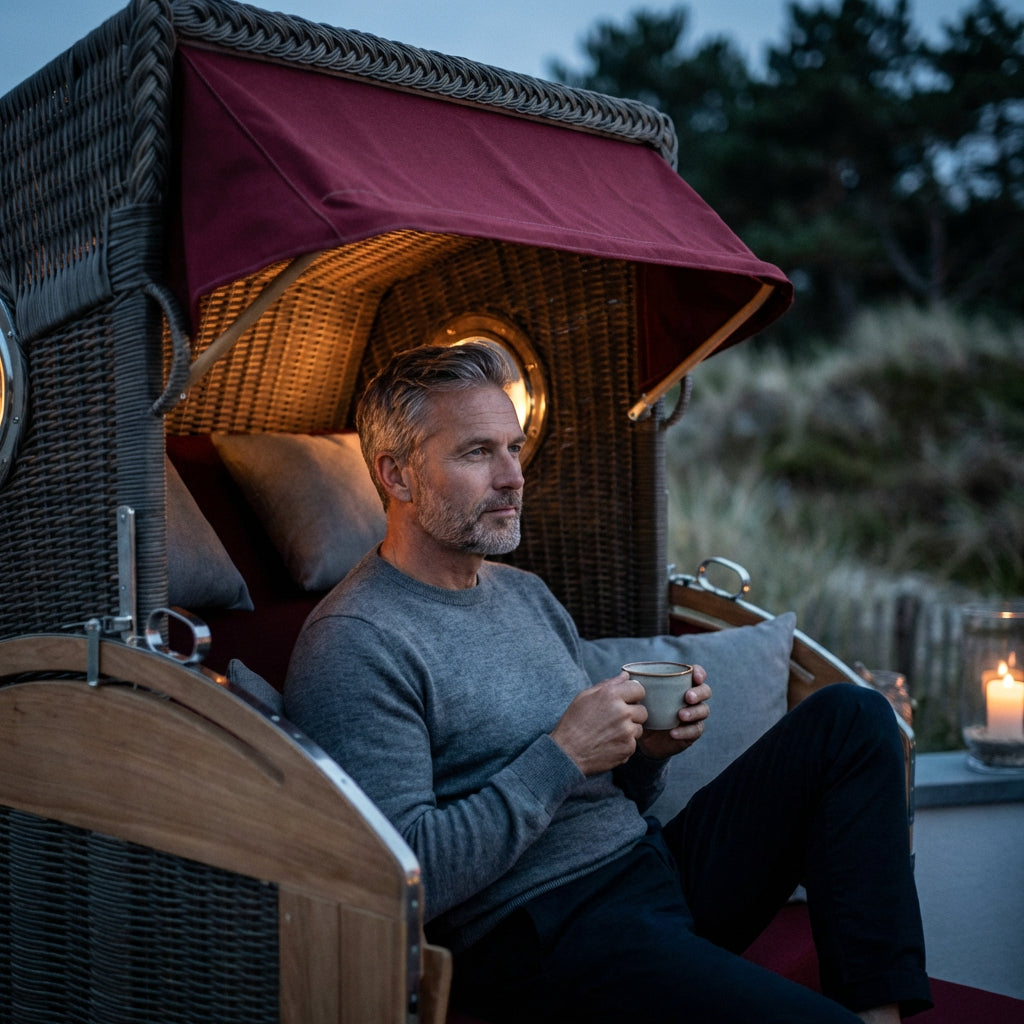 Strandkorb Schillig XL aus Teakholz und Polyrattan mit Bullauge